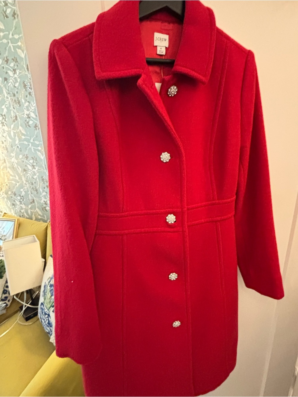 J. Crew Women's Bright Red Wool Pea Coat with Rhinestone Buttons